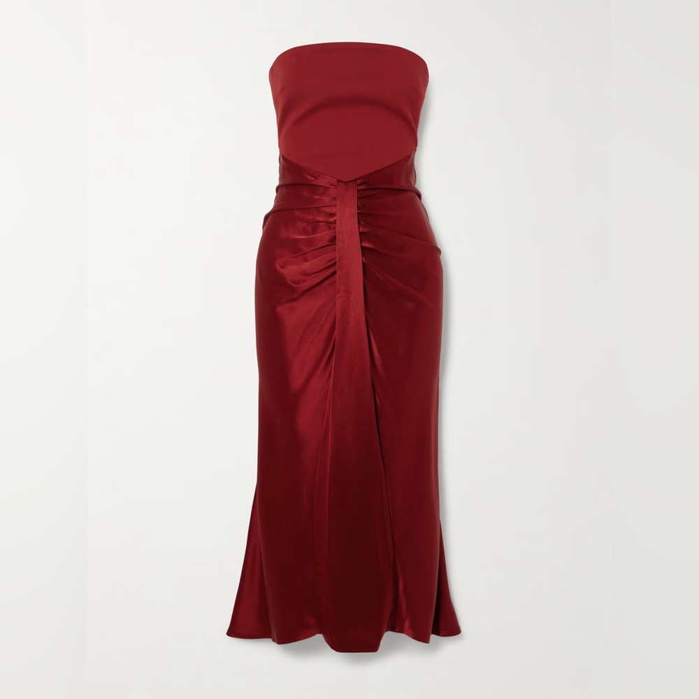 STAUD Wayfaring Strapless Satin Ponte Midi Dress